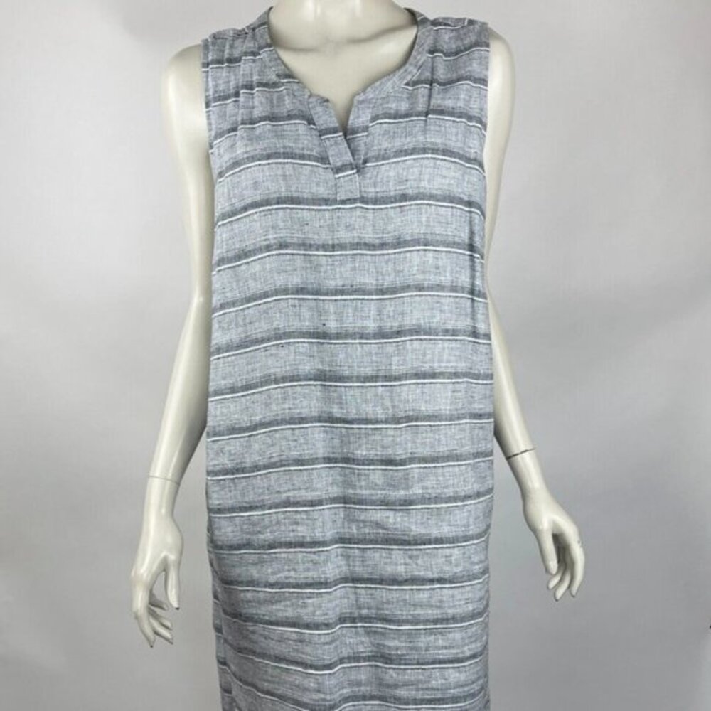 Habitat Striped Shift Linen Dress Women XL Sleeveless Round Neck Pockets Gray